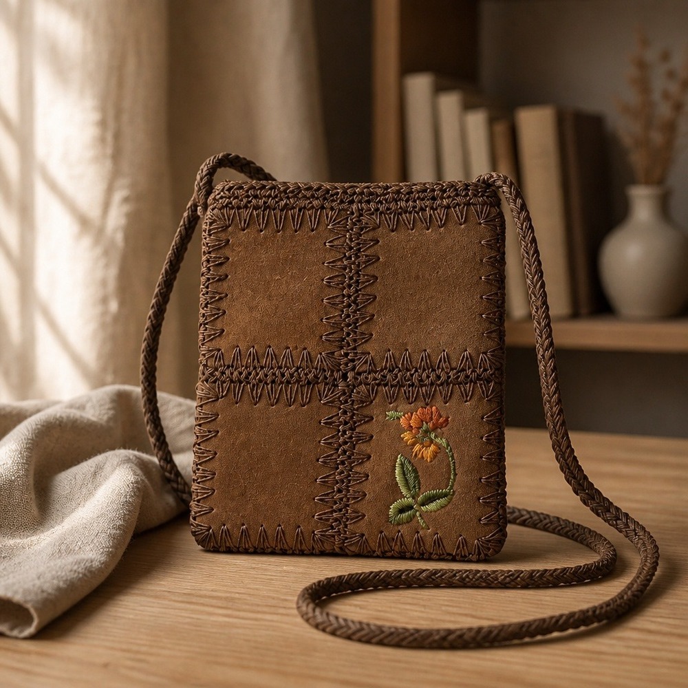 Vintage Brown Suede Embroidered Floral Crossbody‎ Bag Whipstitch Trim Boho Purse